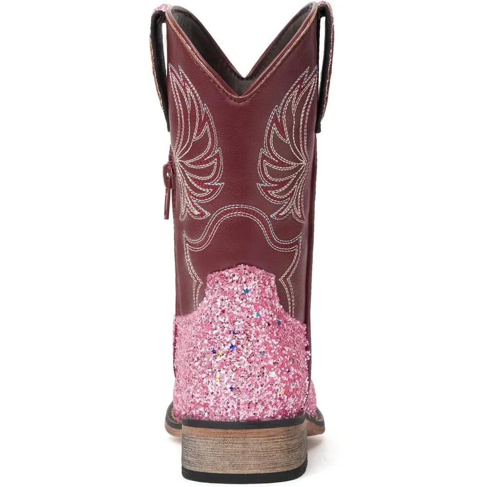 ⚡Girls Pink Sequins Embroidered Cowgirl Boots Western Square Toe Mid Calf